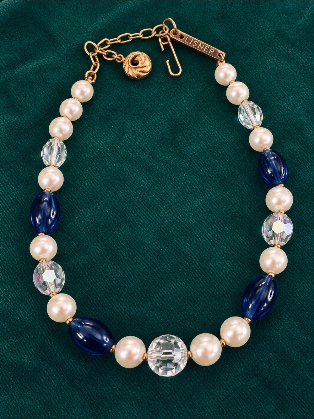 Vintage 1950s–60s Signed LISNER Blue Crystal Faux Pearl Beaded Necklace